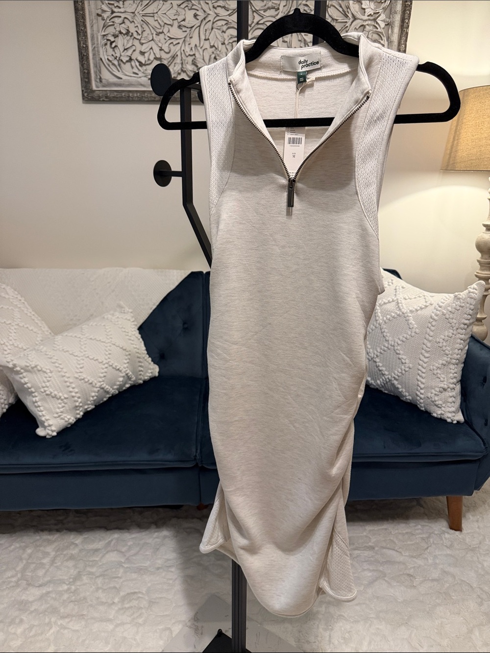 Daily Practice Heathered White Sleeveless Zip-Front Tank Dress